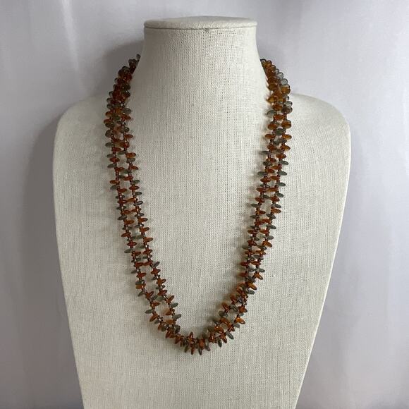 Vintage West Germany Double Strand Necklace Amber tone & Gray Glass Beads 24 In - Picture 9 of 9